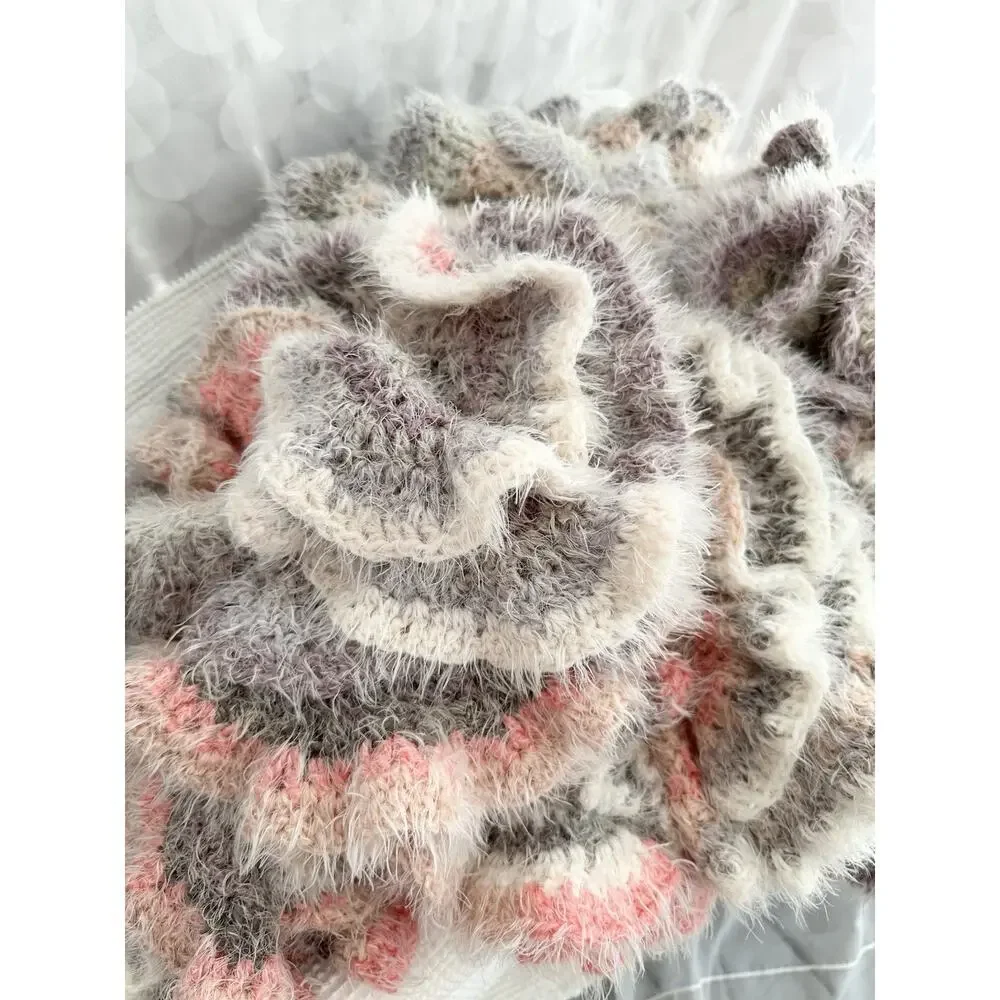 Hand Made LONG Curly Crochet CORKSCREW Throw Blanket FUZZY Grey Beige Pink